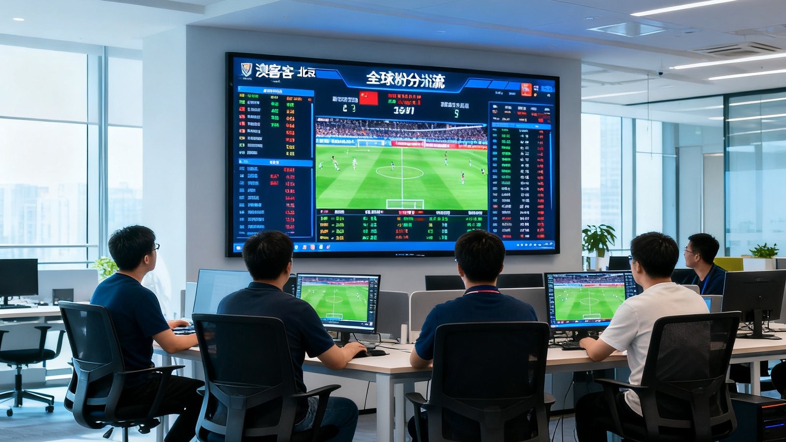 澳客北京总部开放式办公区，技术团队正在监控全球比分数据流，大屏幕上实时显示多场比赛数据