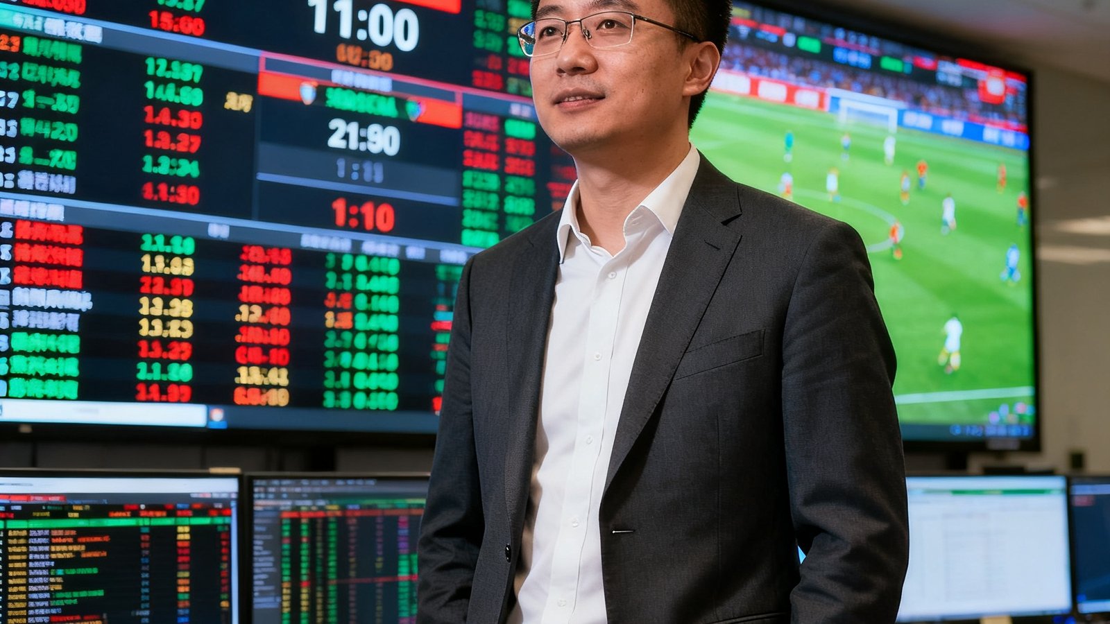 澳客创始人兼CEO张磊站在公司数据监控中心前，背景是实时跳动的全球比分数据大屏