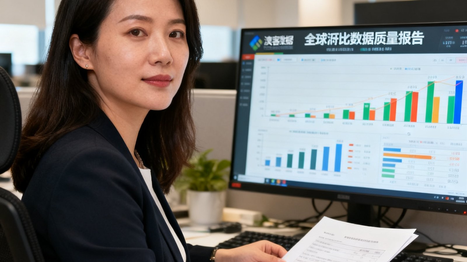 澳客数据总监王芳正在分析全球比分数据的质量报告，确保数据准确率保持高位